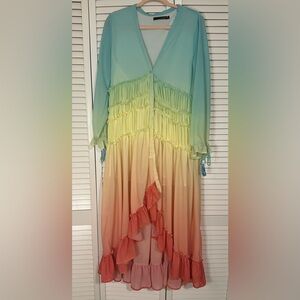 Linjia Bohemian Tunic Chiffon Rainbow Dress Long Sleeve Maxi Dress Beach Summer